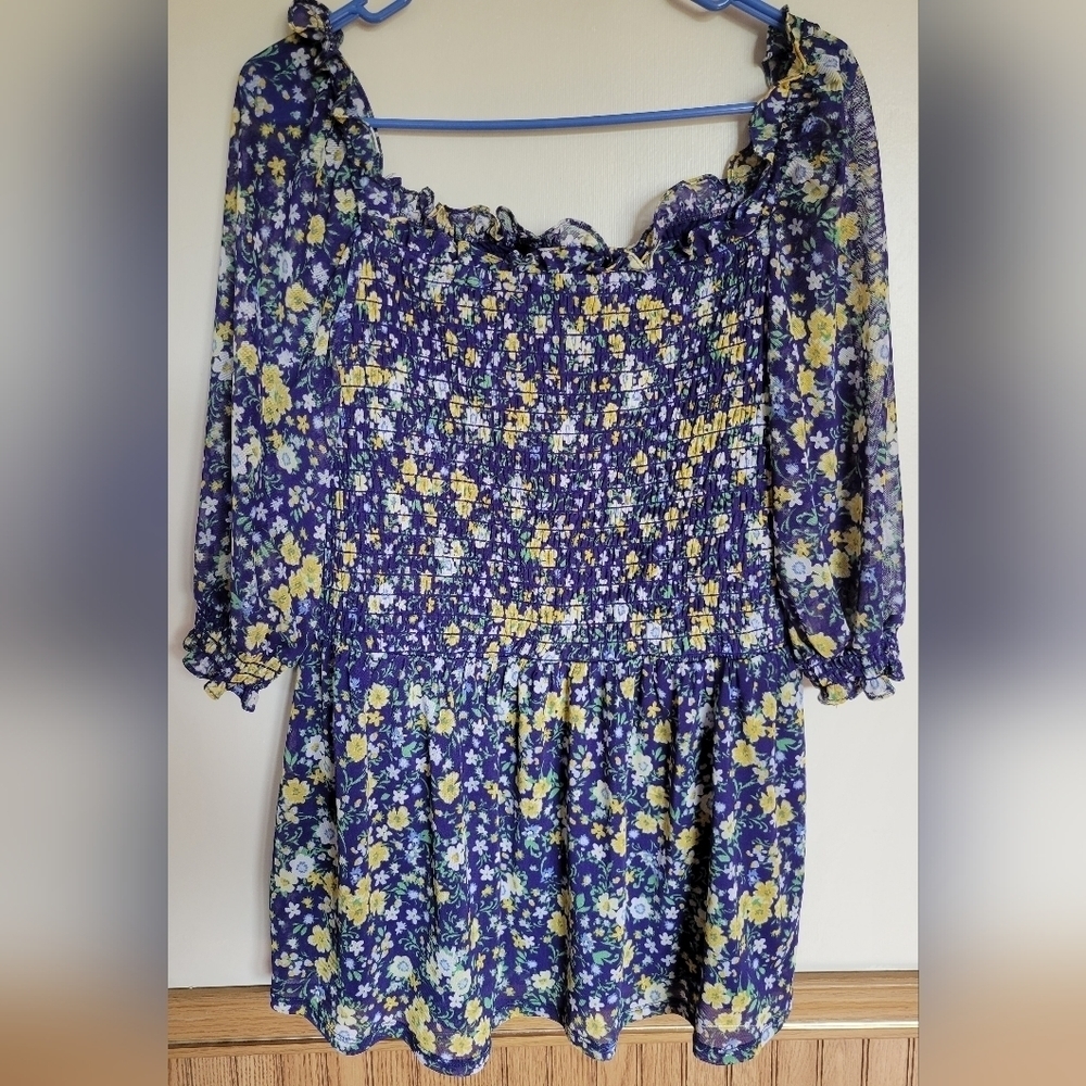 Harper 241 Women's Blue Floral 3/4 Sleeve Sheer Smocked Blouse Size Large